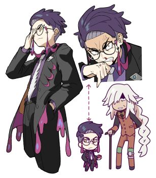 2boys absurdres adjusting_eyewear anger_vein angry arm_up arrow_(symbol) az_(pokemon) belt black-framed_eyewear black_belt black_coat black_pants blood blood_on_face bow bowtie braid buttons clenched_teeth closed_mouth coat collared_shirt corbeau_(pokemon) cropped_legs frown furious grin hair_over_one_eye hand_in_pocket highres holding holding_poke_ball lapels layered_sleeves long_hair long_sleeves looking_at_viewer male_focus multiple_boys multiple_views necktie nintendo nosebleed one_eye_covered pants parted_hair pinstripe_pants pinstripe_pattern pinstripe_vest poke_ball poke_ball_(basic) pokemon pokemon_legends:_z-a purple_hair purple_shirt red_pants red_vest round_eyewear sach56000 shirt shirt_tucked_in short_hair simple_background sleeve_cuffs smile standing tassel teeth very_long_hair vest white_background white_necktie wing_collar wiping_nose yellow_eyes