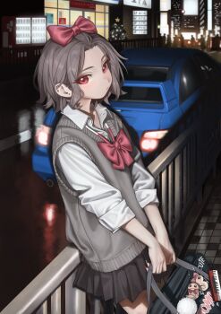 1girl :/ against_railing bag black_bag black_skirt blue_car bow bowtie car charm_(object) christmas_tree city closed_mouth collared_shirt commentary cowboy_shot crowd curtained_hair dress_shirt ear_piercing earrings ebizuka_tomo fingernails from_side girls_band_cry grey_sweater_vest hair_bow highres holding holding_bag jewelry light_blush looking_at_viewer looking_to_the_side loose_bowtie miniskirt motor_vehicle nail_polish naruto_maki_(naruto05) open_collar outdoors parted_bangs piercing pleated_skirt railing red_bow red_bowtie red_eyes road school_uniform shirt shop short_hair skirt sleeves_rolled_up standing street stud_earrings sweater_vest v_arms vending_machine white_shirt