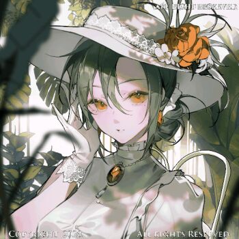 1girl 2020 animated animated_gif baibaibaizai blurry blurry_foreground chair chinese_commentary collared_dress commentary_request commission dress earrings expressionless eyelashes eyeshadow flower frilled_dress frills gem gloves green_hair greenhouse hair_between_eyes hair_bun hair_ornament hair_scrunchie hand_on_own_head hat hat_flower indoors jewelry lace lace-trimmed_gloves lace-trimmed_headwear lace_trim lips makeup making-of mole mole_under_eye necklace on_chair original parted_lips pink_eyeshadow pink_lips puffy_short_sleeves puffy_sleeves red_flower red_gemstone red_rose rose sample_watermark scrunchie short_sleeves single_hair_bun sitting solo sun_hat teeth updo upper_body watermark white_dress white_flower white_gloves white_hat white_scrunchie yellow_eyes