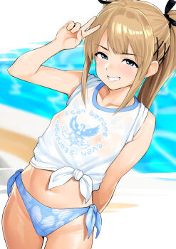 1girl arm_behind_back bare_arms bare_shoulders bikini black_ribbon blonde_hair blue_bikini blue_eyes blush breasts cowboy_shot dead_or_alive dead_or_alive_5 floral_print grin hadacra hair_ribbon hand_up highres legs_apart long_hair marie_rose midriff navel nipples outdoors poolside print_shirt ribbon see-through_clothes see-through_shirt shirt short_sleeves side-tie_bikini_bottom sidelocks sleeves_rolled_up small_breasts smile solo standing straight_hair swimsuit tied_shirt v v-shaped_eyebrows water white_shirt