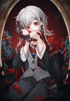 1girl absurdres black_coat black_gloves coat covered_mouth cowboy_shot fingerless_gloves flower gloves grey_jacket grey_pants hands_up head_tilt highres hoxino jacket long_hair looking_at_viewer pants quad_braids red_background red_eyes red_flower reverse:1999 rubuska single_glove sitting solo white_hair