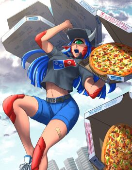 cacodemon delivery doom_(series) food green_eyes hat highres holding holding_food holding_pizza horns mono-eye pizza pizza_box pizza_delivery scales substance20