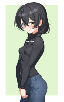 Rule 34 | 1girl, absurdres, black-framed eyewear, black hair, black shirt, blush, bow, braid, breasts, cevio, commentary request, denim, glasses, green background, green eyes, hair bow, hanakuma chifuyu, highres, jeans, long hair, long sleeves, looking at viewer, maretto, pants, shirt, small breasts, smile, solo, twin braids, two-tone background, white background, white bow