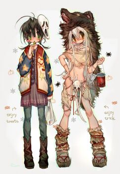 2girls :3 ahoge bag black_hair eating facing_viewer green_eyes halloween multiple_girls original sandals skull standing uchuunin