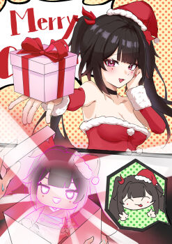 1girl absurdres bare_shoulders blush braid christmas closed_mouth commentary_request cosplay english_text gift highres honkai:_star_rail honkai_(series) looking_at_viewer merry_christmas open_mouth santa_claus santa_costume sparkle_(doll)_(honkai:_star_rail) sparkle_(honkai:_star_rail) teeth tongue tongue_out twin_braids yokosima_lvc