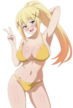 1girl absurdres anime_coloring arm_behind_head arm_up armpits bikini blonde_hair blue_eyes blush braid breasts cleavage collarbone cowboy_shot darkness_(konosuba) frixtied gluteal_fold groin hair_ornament high_ponytail highres kono_subarashii_sekai_ni_shukufuku_wo! large_breasts long_hair looking_at_viewer navel open_mouth ponytail ponytail_with_braided_base pussy simple_background skindentation smile solo swimsuit v white_background x_hair_ornament yellow_bikini