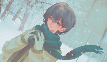 1girl bang_dream! bang_dream!_it&#039;s_mygo!!!!! blue_scarf brown_eyes brown_jacket commentary floating_scarf geosmichi77 grey_hair jacket outdoors rock scarf short_hair snow solo symbol-only_commentary takamatsu_tomori winter