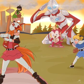 1boy 4girls ahoge alternate_costume artificial_intelligence ball baseball baseball_(object) baseball_bat basket beak black_hair blonde_hair blue_dress blue_eyes bodysuit bow brown_gloves bubbles_(ppg) buttercup_(ppg) chewing_gum compound_eyes crossover dress emi_(ultraman:_rising) fingerless_gloves fins floating gloves green_dress green_eyes hair_bow hat head_fins highres holding holding_baseball_bat holding_basket hood hood_down hooded_jacket jacket kaiju leggings legs_apart long_hair medium_hair moccimu multiple_girls neckerchief orange_hair powerpuff_girls purple_eyes red_bow short_twintails sleeveless tail twintails ultra_series ultraman ultraman:_rising ultraman_(ultraman:_rising) very_long_hair white_gloves white_hat white_leggings white_neckerchief