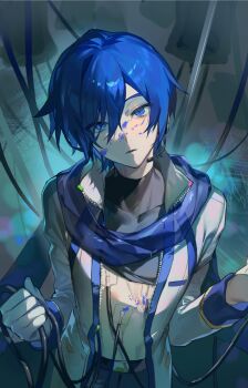 1boy arms_up blood blood_on_face blue_blood blue_eyes blue_hair blue_scarf coat collared_coat hashtag-only_commentary headset highres holding kaito_(vocaloid) kazemi_arashi long_sleeves looking_at_viewer male_focus neck_tattoo parted_bangs scarf sleeve_cuffs solo tattoo unzipped vocaloid white_coat wire
