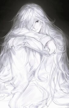 Rule 34 | 1boy, 8knff, black background, closed mouth, crossed arms, death note, grey eyes, greyscale, hair between eyes, hair over one eye, highres, hugging own legs, long hair, male focus, monochrome, near (death note), no eyebrows, pale skin, pants, shirt, simple background, sitting, sketch, socks, solo, very long hair, white hair, white pants, white shirt, white socks