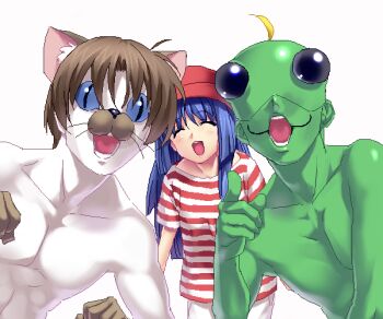 Rule 34 | 1girl, ahoge, aizawa yuuichi, amphibian eyes, animal costume, animal ears, blue hair, brown hair, cat ears, closed eyes, facial hair, horizontal pupils, kanon, keropi, keropii, kitagawa jun, long hair, minase nayuki, mustache, personification, piro, slit pupils, what, whiskers, zen