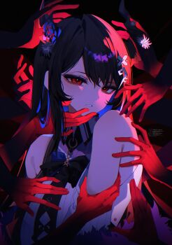 1girl absurdres asymmetrical_horns black_hair blue_hair breasts colored_inner_hair crystal_horns demon_horns disembodied_hand extra_hands flower highres hololive hololive_english horn_flower horns large_breasts long_hair looking_at_viewer mole mole_under_eye multicolored_hair nerissa_ravencroft red_eyes solo solo_focus teeth twitter_username two-tone_hair uneven_horns very_long_hair virtual_youtuber weiic