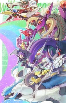 black_eyes black_hair black_jacket blonde_hair blue_eyes bodysuit cape clear_wing_synchro_dragon commentary_request cropped_jacket d-wheel dark_rebellion_xyz_dragon dragon duel_disk forehead_jewel goggles goggles_on_head green_hair group_picture helmet highres hugo_(yu-gi-oh!) jacket jacket_on_shoulders jewelry joeri_(yu-gi-oh!) male_focus motor_vehicle motorcycle multicolored_hair odd-eyes_pendulum_dragon on_motorcycle orange_shirt pendant purple_eyes purple_hair purple_jacket red_cape red_eyes red_hair riding riding_dragon sakaki_yuya sharp_teeth shirt short_hair spiked_hair starving_venom_fusion_dragon su_pa_taco teeth two-tone_hair ute_(yu-gi-oh!) white_bodysuit white_helmet white_jacket yu-gi-oh! yu-gi-oh!_arc-v