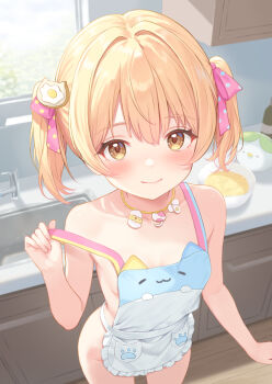 1girl apron blonde_hair bowl breasts cabinet counter dutch_angle hair_intakes highres jewelry kitchen light_blush minami_mii naked_apron necklace original rebun sink small_breasts smile strap_pull teasing twintails white_apron window yellow_eyes