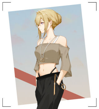 1girl alternate_costume bare_shoulders black_pants blonde_hair braid braided_bun breasts brown_shirt casual cleavage closed_mouth collarbone commentary_request cowboy_shot crop_top earrings evelyn_chevalier glint hair_between_eyes hair_bun hair_intakes hands_in_pockets jewelry long_sleeves medium_breasts midriff moeey_tienan navel necklace pants purple_eyes shirt short_hair single_hair_bun smile solo stud_earrings thong zenless_zone_zero