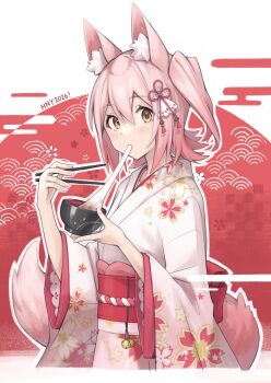 1girl absurdres alternate_costume animal_ears bowl chopsticks commentary_request cup eating floral_print floral_print_kimono food fox_ears fox_girl fox_tail hair_ornament happy_new_year highres holding holding_bowl holding_chopsticks idolmaster idolmaster_million_live! idolmaster_million_live!_theater_days japanese_clothes kasuga_mirai kimono looking_at_viewer mochi mochi_trail new_year obi obiage obijime official_alternate_hair_color one_side_up pink_eyes pink_hair pink_kimono print_kimono red_sash sash semi_colon shiruko_(food) solo tail upper_body white_kimono
