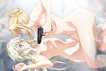 2girls above_another aiming all_fours angry blonde_hair blue_eyes braid breasts bun_with_braided_base clenched_teeth closed_mouth commentary_request completely_nude curvy finger_on_trigger from_side gloria_louise groin gun hair_bun hair_up handgun holding holding_gun holding_weapon jinrouki_winvurga large_breasts long_hair looking_at_another lying mashiro_(jinrouki_winvurga) mecha multiple_girls narrow_waist navel nipples nude on_back profile red_eyes robot serious sideways teeth tsunashima_shirou updo weapon