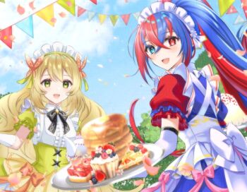 1girl 2girls alternate_costume apron black_bow black_bowtie blonde_hair blue_dress blue_eyes blue_hair blue_sky blush bow bowtie breasts butterfly_hair_ornament cake cake_slice celine_(blissful_tea_party)_(fire_emblem) celine_(fire_emblem) cloud crossed_bangs cupcake dress elbow_gloves female_alear_(fire_emblem) fire_emblem fire_emblem_engage fire_emblem_heroes food fruit gloves green_dress hair_between_eyes hair_ornament headdress heterochromia holding holding_tray kakiko210 long_hair looking_at_viewer maid maid_apron maid_headdress multicolored_hair multiple_girls nintendo official_alternate_costume official_alternate_hairstyle open_mouth outdoors pancake pancake_stack ponytail puffy_short_sleeves puffy_sleeves red_dress red_eyes red_hair short_sleeves sky small_breasts smile split-color_hair strawberry tray two-tone_hair very_long_hair white_gloves white_headdress yellow_dress