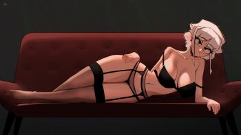1girl black_bra black_panties black_thighhighs bra breasts breasts_apart commentary couch english_commentary full_body garter_belt grey_eyes hand_on_own_thigh highres large_breasts looking_at_viewer lying navel on_couch on_side original panties parted_bangs shibansfw short_hair sidelocks solo thighhighs thighs underwear underwear_only white_hair