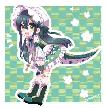 0v06tsu 1girl :d apron bare_shoulders black_corset blush bonnet boots border collar colored_inner_hair corset crossed_bangs deformed detached_sleeves floral_background floral_print floral_print_kimono flower-shaped_pupils frilled_bonnet frilled_collar frilled_skirt frilled_socks frilled_thigh_strap frills from_side full_body green_background green_boots green_eyes green_hair green_kimono green_ribbon green_tail hair_ornament hair_ribbon hairpin hand_on_own_cheek hand_on_own_face highres japanese_clothes kimono kimono_skirt knee_boots kneehighs lace-up_boots leaning_forward lizard_tail long_hair long_sleeves looking_at_viewer maid_apron multicolored_hair neck_ribbon nijisanji notice_lines obiage obijime open_mouth outline outside_border plaid_background print_kimono ribbon skirt smile socks solo standing symbol-shaped_pupils tail tail_under_clothes tassel thigh_strap togawa_nonoha twitter_username virtual_youtuber waist_apron white_bonnet white_border white_outline white_sleeves