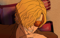 Rule 34 | 1boy, blonde hair, curly eyebrows, facial hair, grin, hair over one eye, hand up, highres, long sleeves, looking at viewer, male focus, one piece, rita ya, sanji (one piece), smile, solo, sunglasses, teeth, upper body