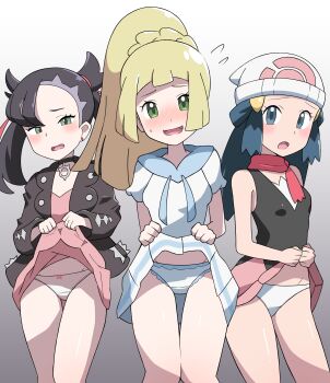 Rule 34 | 3girls, :d, :o, absurdres, araki megami, asymmetrical bangs, bare arms, beanie, black choker, black hair, black jacket, black vest, blonde hair, blue eyes, blue hair, blue sailor collar, blush, breasts, choker, clothes lift, commentary request, cowboy shot, dawn (pokemon), dress, dress lift, earrings, embarrassed, furrowed brow, gradient background, green eyes, grey background, hair ribbon, hat, high ponytail, highres, jacket, jewelry, lifting own clothes, lillie (pokemon), long hair, looking at viewer, marnie (pokemon), miniskirt, multiple girls, nintendo, open clothes, open jacket, open mouth, panties, pink dress, pink skirt, pokemon, pokemon dppt, pokemon sm, pokemon swsh, ponytail, red ribbon, red scarf, ribbon, sailor collar, scarf, shirt, short dress, simple background, skirt, skirt lift, sleeveless, sleeveless shirt, small breasts, smile, stud earrings, sweatdrop, thighs, twintails, undercut, underwear, vest, white hat, white panties, white shirt, white skirt
