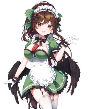 Rule 34 | 1girl, :d, absurdres, alternate costume, apron, bird wings, black bow, black bowtie, blush, bow, bowtie, breasts, brown eyes, brown hair, cleavage, commentary request, detached collar, dress, enmaided, fang, feathered wings, frilled dress, frills, garter straps, gloves, green bow, green dress, hair bow, highres, korotrishia, large breasts, long hair, looking at viewer, maid, maid headdress, open mouth, puffy short sleeves, puffy sleeves, reiuji utsuho, short sleeves, simple background, smile, solo, thighhighs, third eye, third eye on chest, touhou, very long hair, white apron, white background, white gloves, white thighhighs, wings