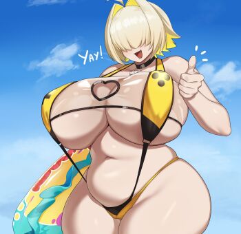1girl black_choker blonde_hair blue_sky breasts choker cleavage clothing_cutout cloud commentary cowboy_shot curvy elegg_(boom_and_shock)_(nikke) elegg_(nikke) english_commentary fang goddess_of_victory:_nikke hair_intakes hair_over_eyes heart_cutout highres huge_breasts innertube muundae navel open_mouth outdoors plump sky slingshot_swimsuit solo swim_ring swimsuit thumbs_up wide_hips yellow_slingshot_swimsuit