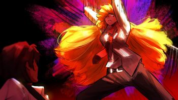 1boy 1girl absurdres arms_up belt black_belt black_pants brown_hair collared_shirt commentary dark-skinned_male dark_skin from_below glowing glowing_eyes heathcliff_(project_moon) highres holding holding_weapon ishmael_(project_moon) itsukaonline limbus_company long_hair looking_at_another necktie official_art_redraw orange_hair pants project_moon red_necktie scar scar_on_face scene_reference shaded_face shirt short_hair swinging_weapon very_long_hair weapon white_shirt