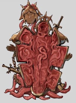 1other :| alterkyon blank_eyes chain closed_mouth commentary flesh gold_chain grey_background iron_maiden mask metal_skin monster no_humans original simple_background solo statue sword tentacles untranslatable_commentary weapon