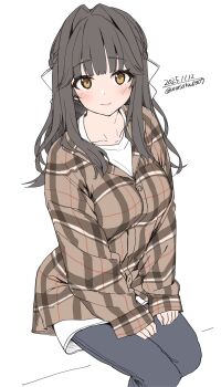 1girl black_pants blush bow braid breasts brown_eyes brown_hair brown_shirt closed_mouth collarbone dress dress_under_shirt hair_bow highres long_hair long_sleeves looking_at_viewer medium_breasts original pants plaid_clothes plaid_shirt shirt simple_background sitting smile solo unasaka_ryou white_background white_bow white_dress