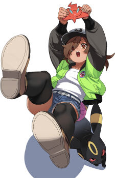 1girl baseball_cap bettie_(pokemon) black_thighhighs blue_shorts brown_eyes brown_hair denim denim_shorts fu-ta gen_2_pokemon gen_4_pokemon green_jacket hat highres jacket nintendo open_mouth panties panty_peek pokemon pokemon_(creature) pokemon_legends:_z-a rotom rotom_phone shirt shoes short_shorts shorts simple_background solo thighhighs umbreon underwear white_background white_shirt