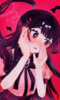 1girl blush commentary_request eyelashes floating_hair hand_on_own_face heart highres laplace's_chocolat_(vocaloid) long_hair neck_ribbon nose_blush open_mouth pink_background purple_eyes purple_hair purple_ribbon ribbon short_sleeves simple_background solo teeth upper_body upper_teeth_only yukichipotato