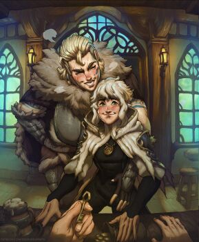 Rule 34 | 1boy, 1girl, 1other, artist name, blonde hair, blush, bulge, coin purse, commentary, dungeons &amp; dragons, english commentary, erection, erection under clothes, green eyes, grin, highres, holding, holding key, indoors, jewelry, key, long hair, looking at viewer, lukas (vymira), necklace, patreon username, pov, red panda waifu, revna (vymira), smile, sweat, tankard, watermark, web address, white hair