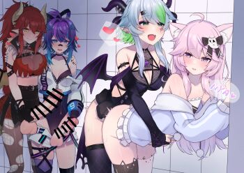 1girl 3futa absurdres ahoge animal_ear_fluff animal_ear_legwear animal_ears apricot_the_lich apricot_the_lich_(1st_costume) asymmetrical_legwear bad_id bad_pixiv_id bandaid bandaid_on_face bandaid_on_nose bar_censor bare_shoulders bent_over black_hair black_skirt blue_eyes blue_hair blush breasts cat_ear_legwear cat_ears censored cleavage closed_mouth clothed_sex commission eichan_(eichanidfi) erection futa_with_female futanari green_eyes green_hair hair_between_eyes hair_ornament heart highres horns huge_penis indie_virtual_youtuber large_breasts large_penis long_hair long_sleeves masturbation medium_breasts melody_(projektmelody) melody_(projektmelody)_(4th_costume) mismatched_legwear multiple_futa nyatasha_nyanners nyatasha_nyanners_(1st_costume) open_mouth penis penis_size_difference pink_hair pointy_ears purple_eyes purple_hair red_hair sex sex_from_behind sidelocks skeb_commission skirt speech_bubble spoken_heart standing standing_sex testicles thighhighs torn_clothes torn_legwear torso_grab virtual_youtuber vshojo waiting watching white_legwear wings yellow_eyes zentreya zentreya_(dragon)