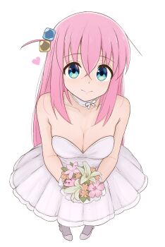1girl absurdres alternate_costume andreypavlow bare_arms blue_eyes blush bocchi_the_rock! bouquet breasts cleavage closed_mouth collar collarbone commentary commission crossed_bangs cube_hair_ornament detached_collar dress english_commentary flower foreshortening full_body gotoh_hitori gotoh_hitori_(tsuchinoko) hair_between_eyes hair_ornament heart high_heels highres holding holding_bouquet long_hair looking_at_viewer medium_breasts pink_hair pleated_dress shoes sidelocks simple_background socks solo wedding_dress white_background white_collar white_dress white_shoes white_socks