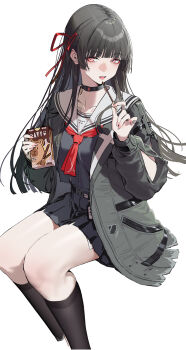 1girl absurdres arjent arm_cutout black_choker black_hair black_jacket black_serafuku black_shirt black_skirt black_socks box breasts chisa_(wuthering_waves) choker clothing_cutout collarbone commentary_request feet_out_of_frame food hair_ribbon highres holding holding_box holding_food holding_pocky invisible_chair jacket long_hair long_sleeves medium_breasts mole mole_under_eye necktie open_mouth pocky red_eyes red_necktie red_ribbon ribbon sailor_collar school_uniform serafuku shirt simple_background sitting skirt socks solo thighs white_background white_sailor_collar wuthering_waves
