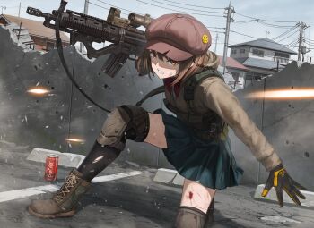 1girl assault_rifle black_gloves black_skirt black_thighhighs blood blue_sky boots bow bowtie brand_name_imitation brown_eyes brown_hair brown_jacket building newsboy_cap can clenched_teeth combat_boots commentary_request commission day gloves gun gun_sling hat highres holding holding_gun holding_weapon house howa_type_89 jacket knee_pads long_sleeves miniskirt on_one_knee original outdoors pixiv_commission pleated_skirt pouch power_lines rebar red_bow red_bowtie rifle scope short_hair skirt sky solo teeth thighhighs tom-neko_(zamudo_akiyuki) trigger_discipline utility_pole weapon