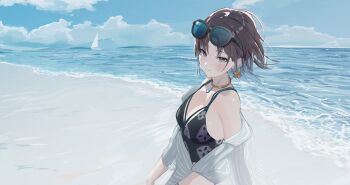 1girl asakura_toru beach blue_eyes boat commentary earrings eyewear_on_head highres idolmaster idolmaster_shiny_colors jewelry necklace ocean purple_hair sailboat shirt short_hair sunglasses swimsuit uouokuma watercraft