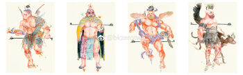 4boys abs absurdres amputee asian bara bare_pectorals beard_stubble bk_zerotwo cloak covered_penis creature dog facial_hair full_body hairy halo hat highres large_pectorals male_focus mature_male medieval multiple_boys muscular muscular_male nipples original pectorals pelvic_curtain short_hair single_wing snake standing strongman_waist stubble thick_eyebrows tribal turtle watermark weibo_watermark wings