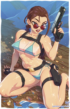 1girl black_gloves body_freckles braid breasts brown_hair coin commentary english_commentary fingerless_gloves freckles gloves gold_coin gun highres holding holding_gun holding_weapon holster kajin_(kajinman) lara_croft long_hair low_poly low_twin_braids red-tinted_eyewear round_eyewear shark_fin solo thigh_holster thigh_strap tinted_eyewear tomb_raider twin_braids water weapon