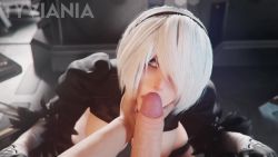 1boy 1girl 3d animated artist_name blue_eyes breasts breasts_out elbow_gloves expressionless feather-trimmed_sleeves fellatio gloves hairband hetero highres juliet_sleeves large_breasts leotard licking licking_penis long_sleeves looking_at_viewer nier_(series) nier:automata penis pov puffy_sleeves short_hair sound tyviania uncensored video white_hair 2b_(nier:automata)