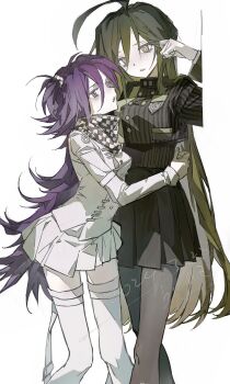 Rule 34 | 2girls, adapted costume, adjusting hair, ahoge, arms around waist, black hair, black jacket, black pantyhose, blush, brown eyes, buttons, checkered clothes, checkered scarf, collared jacket, commentary, danganronpa (series), danganronpa v3: killing harmony, dated, double-breasted, eyelashes, flipped hair, genderswap, genderswap (mtf), hair between eyes, highres, hug, jacket, long hair, long sleeves, multiple girls, muted color, oma kokichi, one side up, open mouth, pantyhose, pinstripe jacket, pinstripe pattern, pleated skirt, profile, purple eyes, purple hair, saihara shuichi, scarf, shiba (jzcmj8gz29ib78k), simple background, skirt, solo, standing, striped clothes, striped jacket, thigh strap, thighhighs, two-tone scarf, very long hair, white thighhighs, yuri