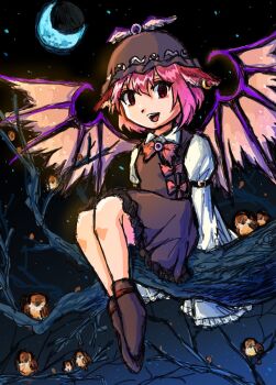 Rule 34 | 1girl, animal, bare tree, bird, bird wings, commentary request, crescent moon, dade ne, highres, looking at viewer, moon, mystia lorelei, night, pink hair, red eyes, shirt, sitting, sky, solo, sparrow, spread wings, star (sky), starry sky, touhou, tree, white shirt, wide sleeves, wings