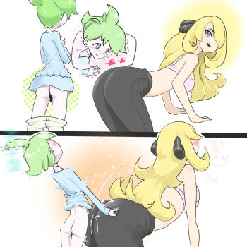 1boy 1girl age_difference ass bagg blonde_hair blush bra clothes_pull cum cynthia_(pokemon) dry_humping female green_hair grey_eyes hetero highres humping long_hair male nintendo olm onee-shota pants pants_pull pokemon pokemon_(anime) pokemon_(game) pokemon_dppt pokemon_oras short_hair shota simple_background underwear wally_(pokemon) white_background