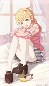 1girl absurdres bed_sheet blush brown_shoes character_doll chibigurumi colored_skin crossed_arms doll earrings fujita_kotone full_body gakuen_idolmaster gingham_skirt highres hmax idolmaster jewelry knees_up loafers long_hair long_sleeves looking_at_viewer miniskirt multicolored_skin panties panties_under_pantyhose pantyhose pink_shirt shirt shoes sitting skirt smile solo thighband_pantyhose two-tone_skin underwear unmoving_pattern white_panties white_pantyhose