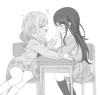 2girls blush cheek_poking closed_eyes closed_mouth commentary greyscale heart highres hoshino_ichika_(project_sekai) long_hair miyamasuzaka_girls'_academy_school_uniform monochrome mu_ri003 multiple_girls open_mouth pleated_skirt poking project_sekai school_uniform serafuku skirt smile sweat sweater tenma_saki twintails yuri