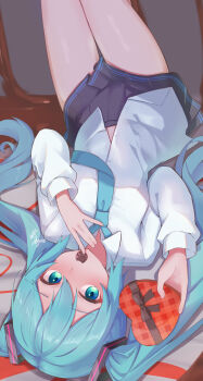 1girl aqua_eyes black_bow black_ribbon black_skirt blue_hair blue_necktie bow box box_of_chocolates chocolate collared_shirt commentary commentary_request eating english_commentary food hair_between_eyes hair_ornament hairclip hatsune_miku heart-shaped_box highres holding holding_box holding_chocolate holding_food long_hair looking_at_viewer lying miniskirt necktie on_back ribbon shirt sidelocks skirt solo soyose striped_clothes striped_skirt thighs twintails upside-down vocaloid white_shirt