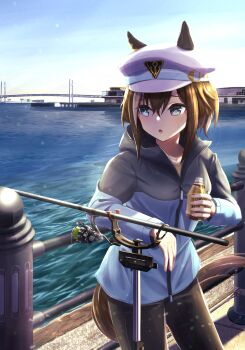 1girl :o animal_ears black_pants blue_eyes blue_jacket blush bottle brown_hair cheval_grand_(umamusume) commentary_request ears_through_headwear fishing fusou_(fuso0205) hair_between_eyes hat highres holding holding_bottle horse_ears horse_girl horse_tail jacket looking_to_the_side ocean open_mouth pants peaked_cap short_hair solo tail umamusume white_hat
