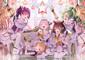 akiru_kamira blonde_hair bow breasts brown_hair closed_eyes collarbone commentary_request dress food green_eyes green_hair hair_ornament highres long_hair motosu_towa multiple_girls nekoashi_tsubomi official_art one_eye_closed open_mouth ponytail purple_hair red_eyes ribbon saraki senju_iroha shiromaru_mito short_hair side_ponytail sitting smile star_(symbol) thighhighs twintails world_dai_star